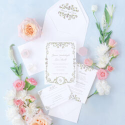 Elegant wedding invitation set with floral accents and RSVP card for spring weddings.