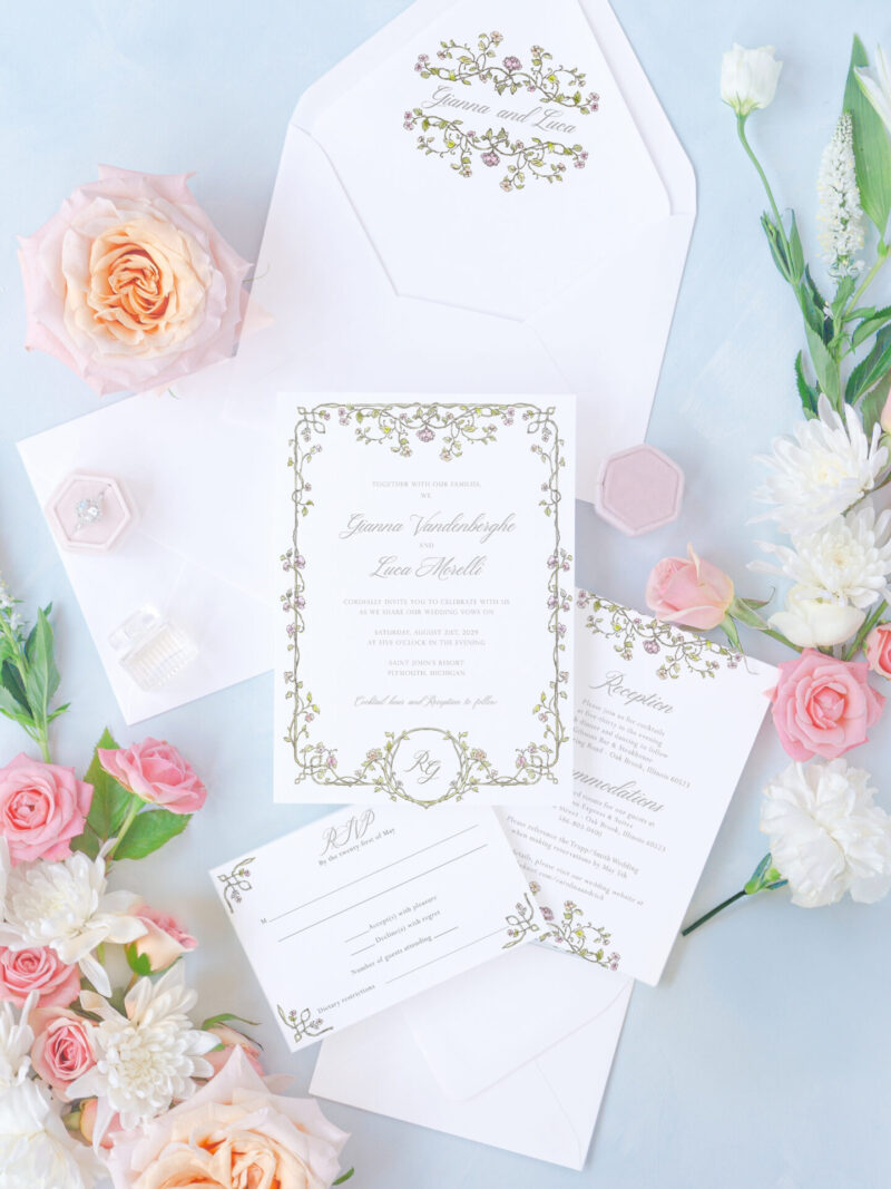 Elegant wedding invitation set with floral accents and RSVP card for spring weddings.