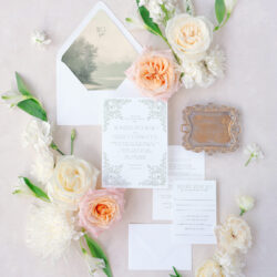 Sophisticated greenery wedding invitation suite with matching RSVP and details cards.