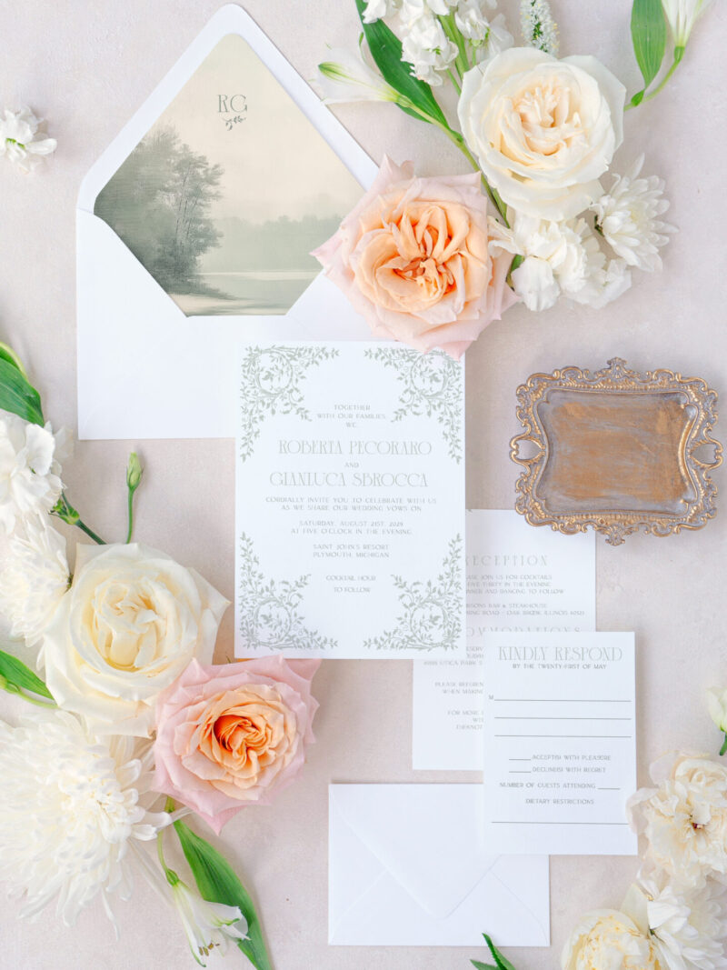 Sophisticated greenery wedding invitation suite with matching RSVP and details cards.