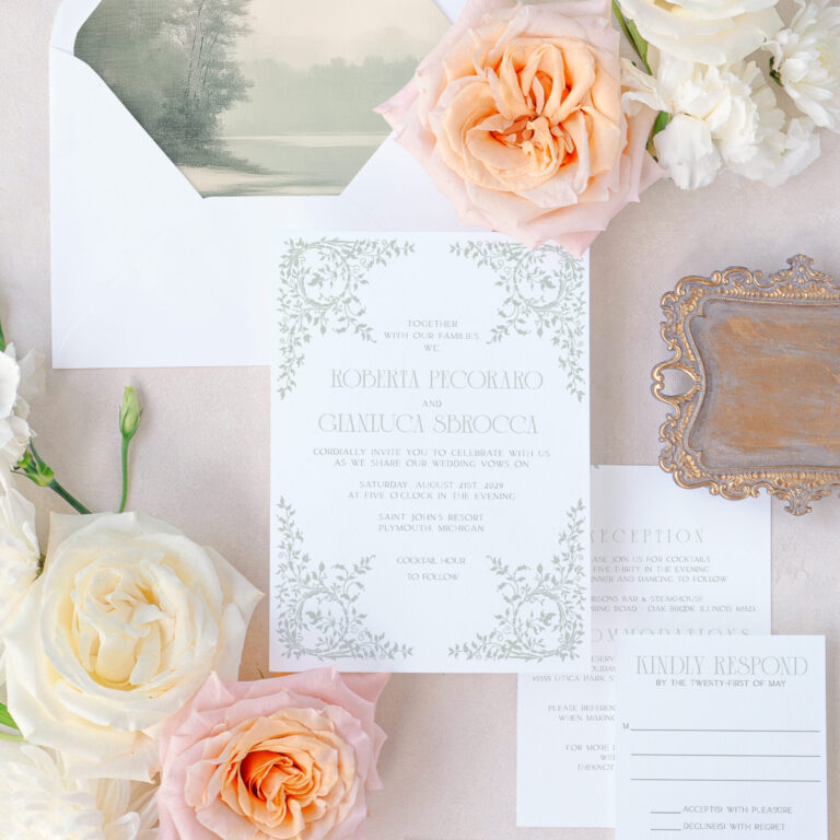 Fine art wedding invitation suite with greenery design and soft botanical details.