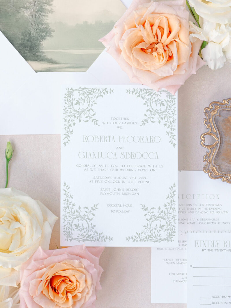 Fine art wedding invitation suite with greenery design and soft botanical details.