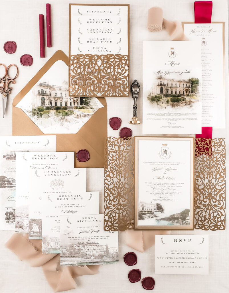 Luxury Lake Como wedding invitation suite featuring a gold laser-cut gatefold, watercolor details, and custom event cards for a multi-day celebration.