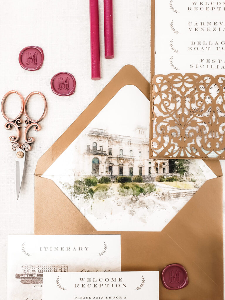 Custom watercolor envelope liner featuring a hand-painted illustration of Villa Erba, adding a personalized and artistic touch to a luxury Lake Como wedding invitation suite.