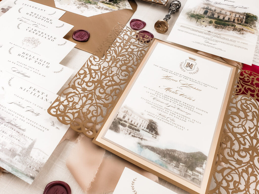 Elegant gold laser-cut wedding invitation with a structured pocket holding custom event cards for a five-day Lake Como wedding.