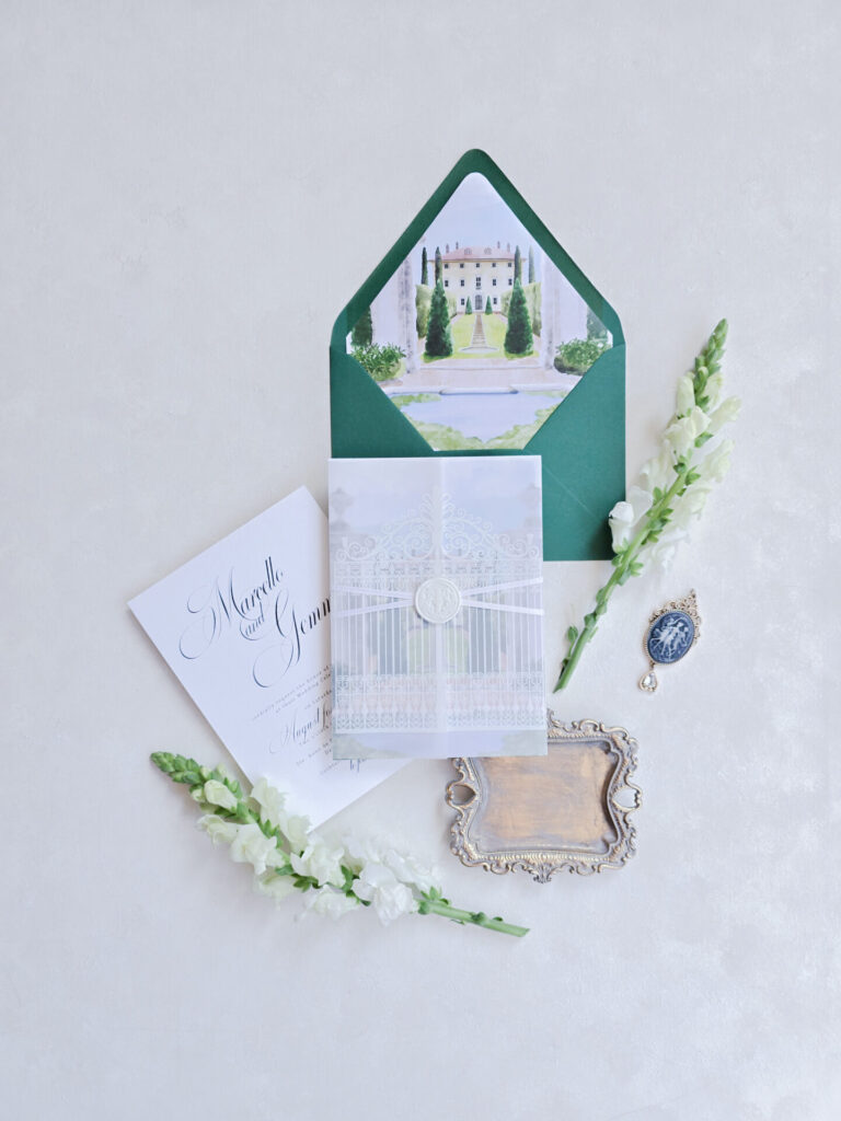 Villa Balbiano wedding invite suite with vellum gate wrap and emerald envelope