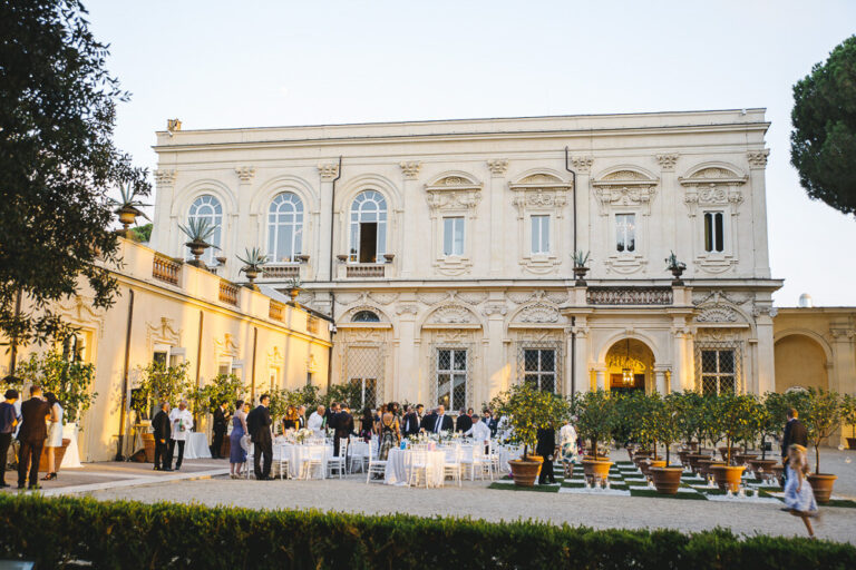 Villa Aurelia Wedding Venue in Rome – A stunning view of Villa Aurelia’s historic estate with its pastel façade and elegant architecture.