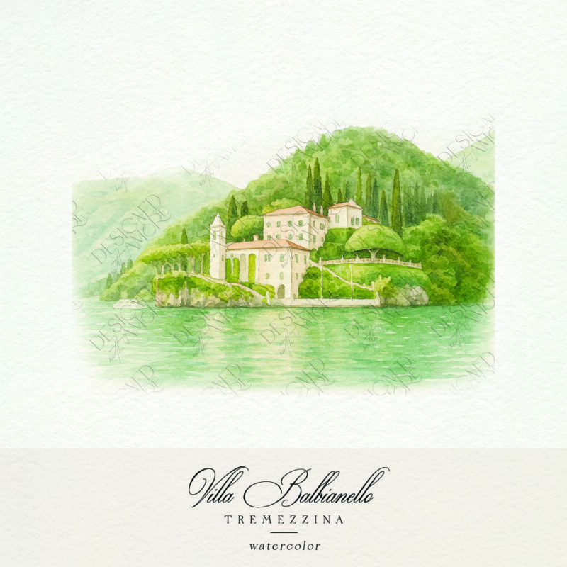 Watercolor of Villa Balbianello in Lake Como, ideal for destination wedding stationery