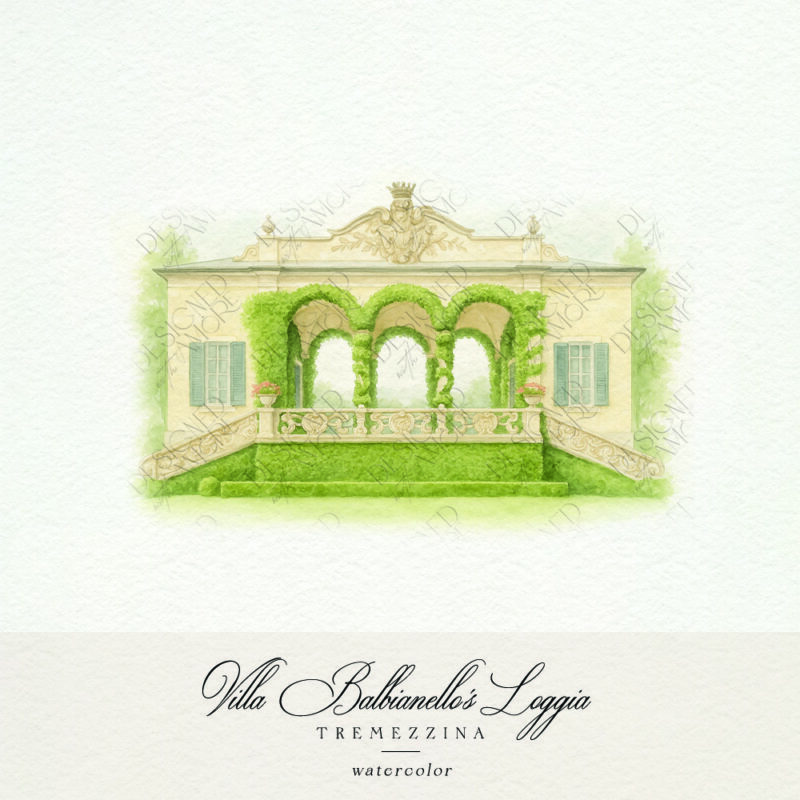 Villa Balbianello watercolor wedding illustration of the ivy-covered loggia on Lake Como