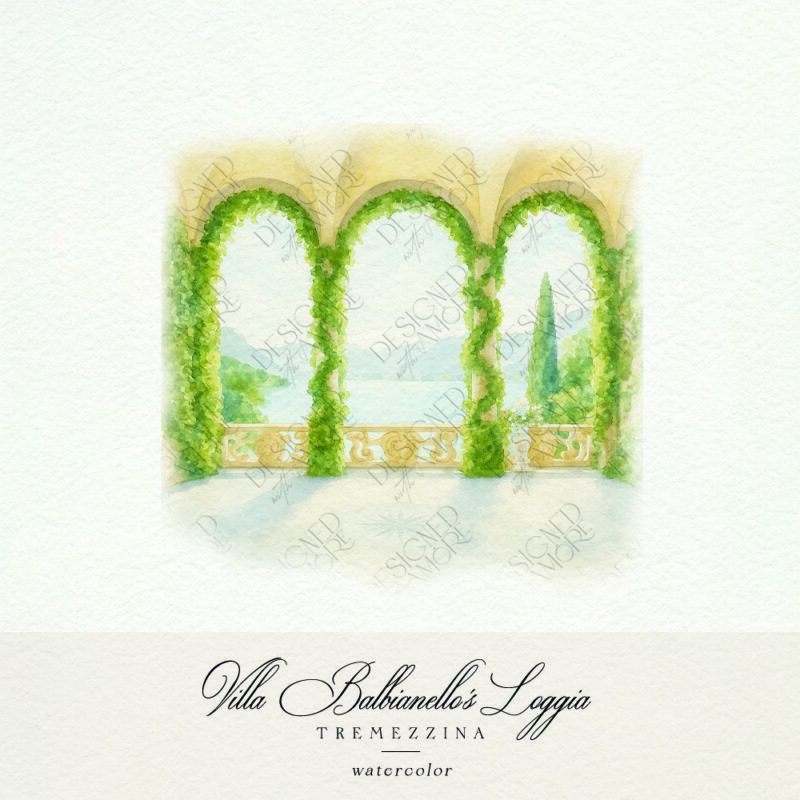 Watercolor illustration of Loggia del Balbianello in Lake Como for wedding invitations and stationery designs. Watercolor illustration of Loggia del Balbianello in Lake Como for wedding invitations and stationery designs.