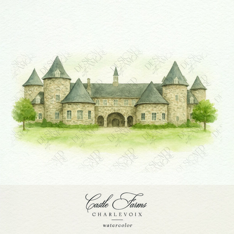 Watercolor illustration of Castle Farms in Charlevoix for wedding stationery