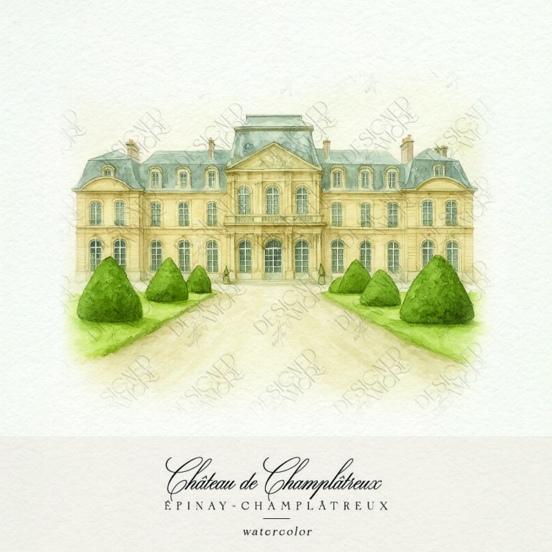 Watercolor of Château de Champlâtreux for French wedding invitations