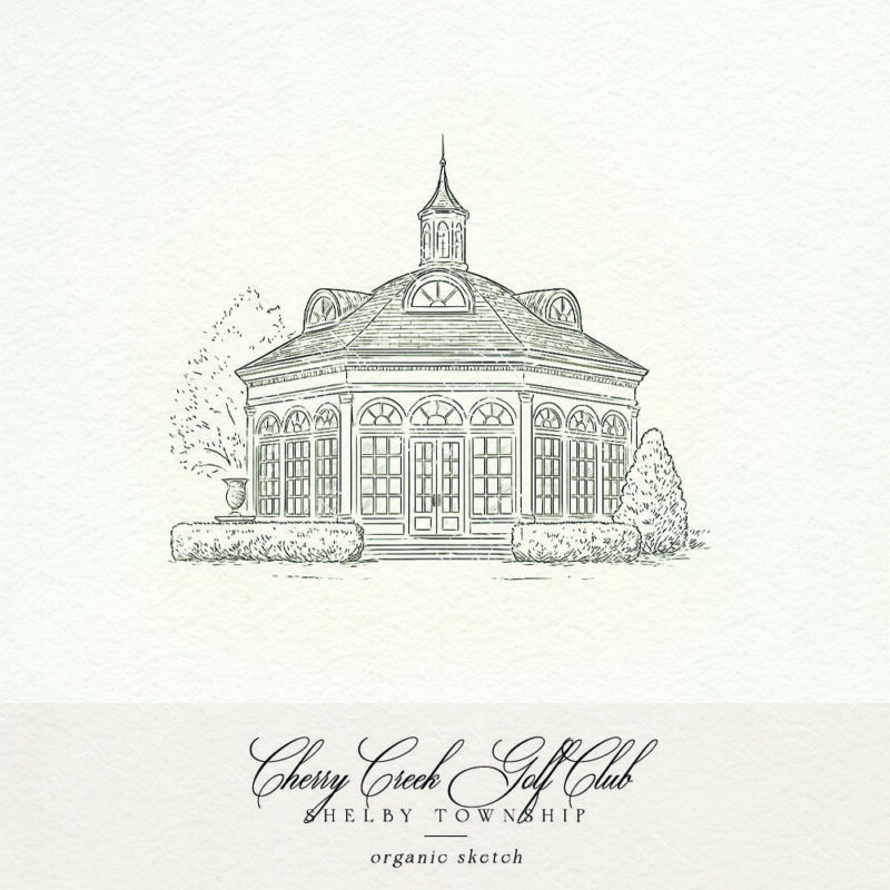 Line sketch of Cherry Creek Golf Club rotunda for wedding stationery