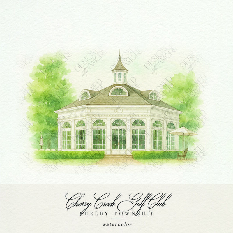 Watercolor of Cherry Creek Golf Club for Michigan wedding invitations