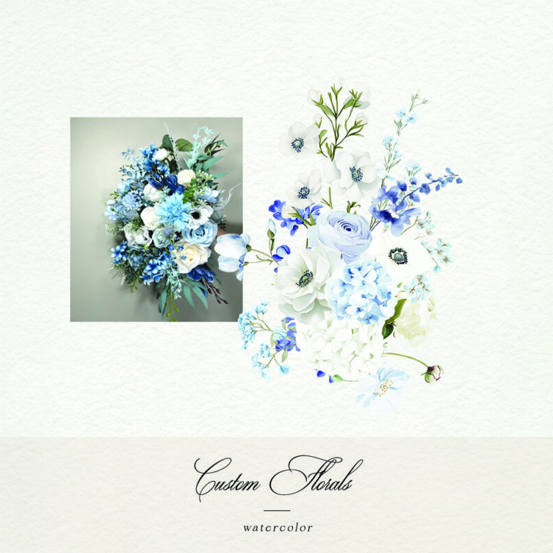 Custom wedding illustrations including crest, monogram, map, pet portrait, and drink artwork