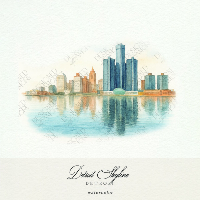 Watercolor of Detroit Skyline with Renaissance Center for wedding stationery