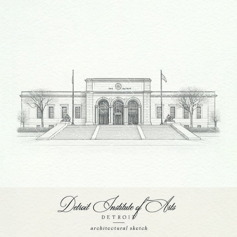 Architectural sketch of the Detroit Institute of Arts for wedding invitations