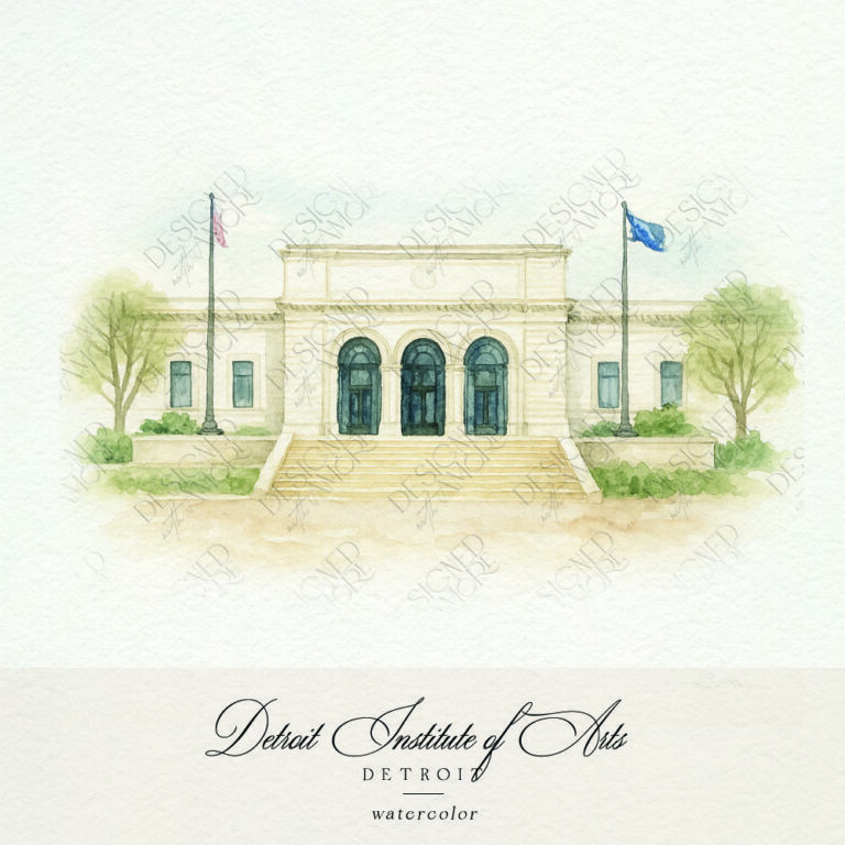 Watercolor of Detroit Institute of Arts for wedding invitation suites