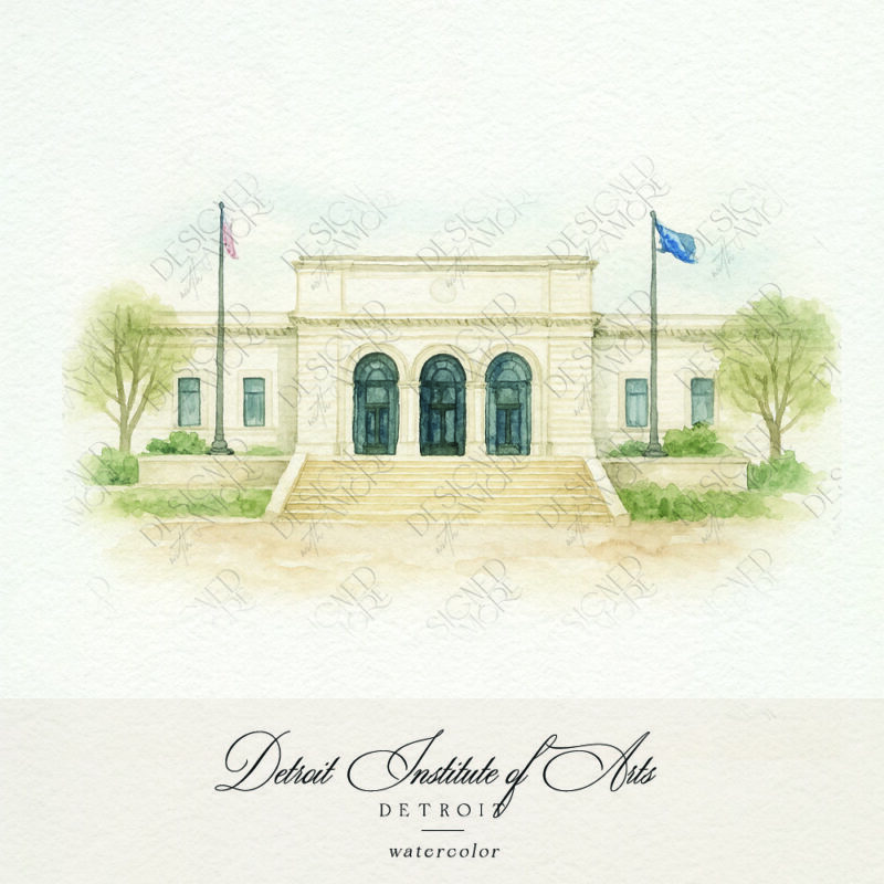 Watercolor of Detroit Institute of Arts for wedding invitation suites
