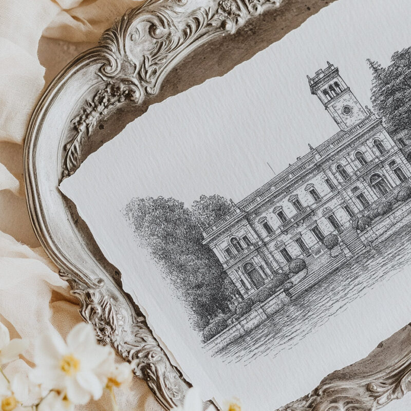 Organic pencil illustration of Villa Erba venue in Italy