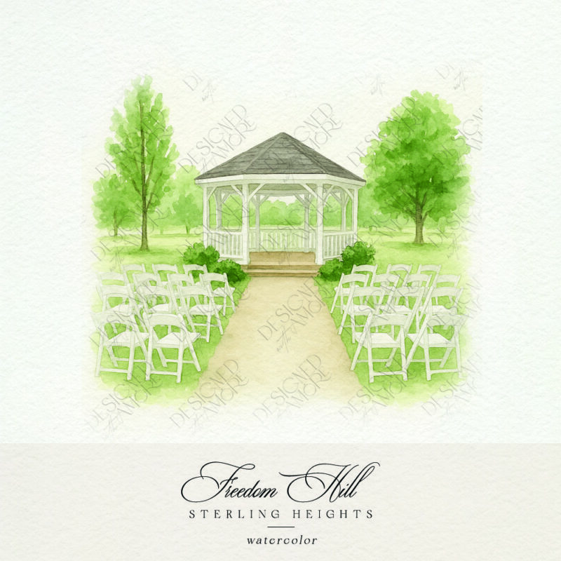 Watercolor of Freedom Hill gazebo wedding venue in Sterling Heights