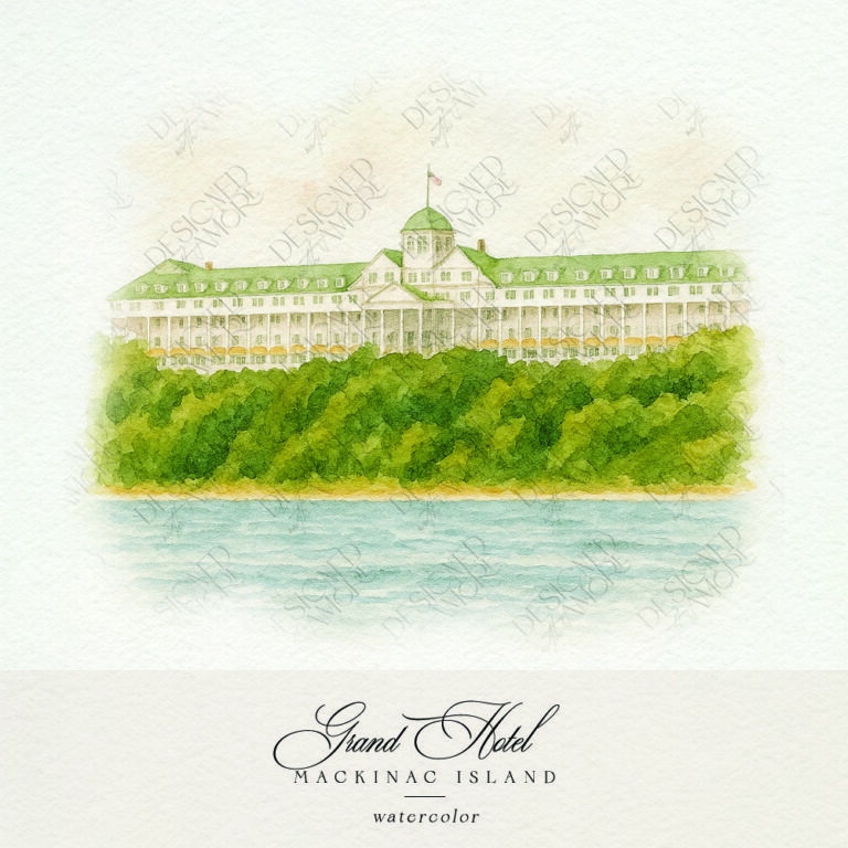 Watercolor of the Grand Hotel on Mackinac Island for wedding stationery