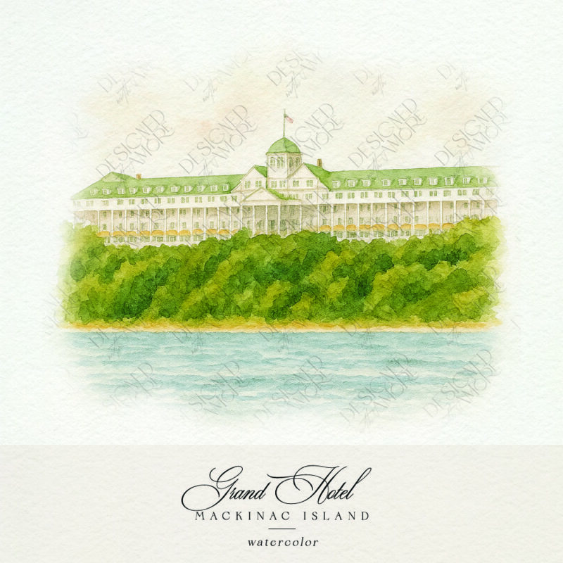 Watercolor of the Grand Hotel on Mackinac Island for wedding stationery