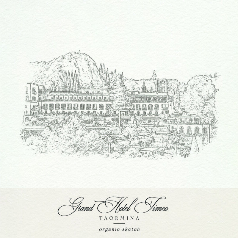 Grand Hotel Timeo sketch illustration for wedding invitations