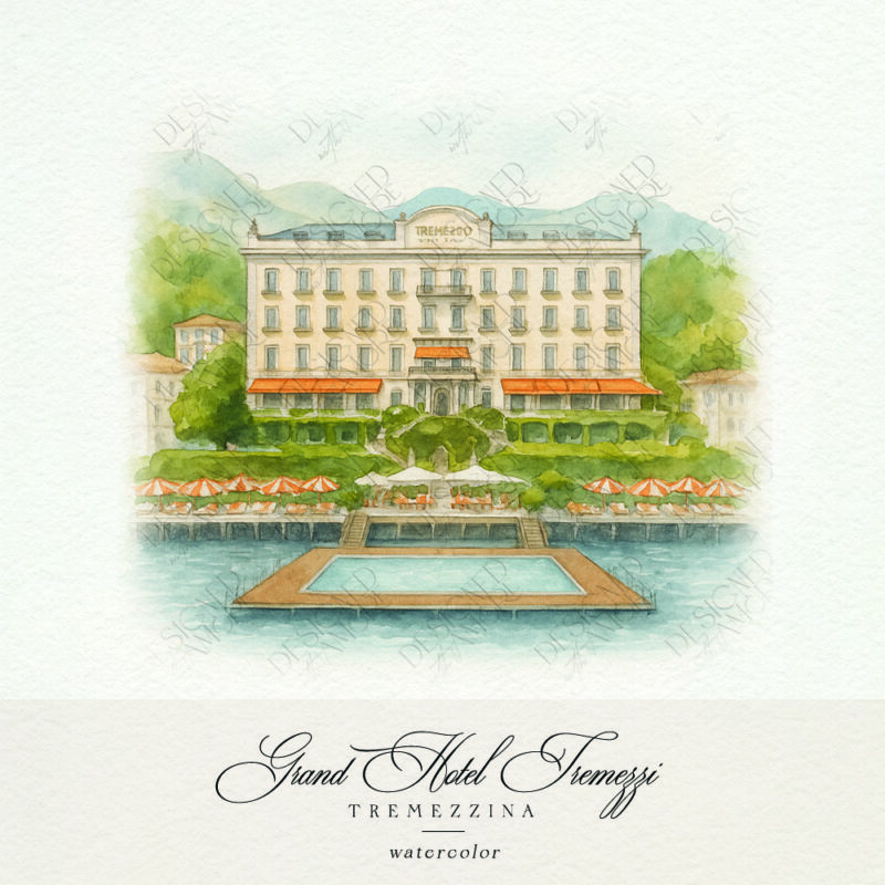 Watercolor of Grand Hotel Tremezzo for Lake Como wedding invitations