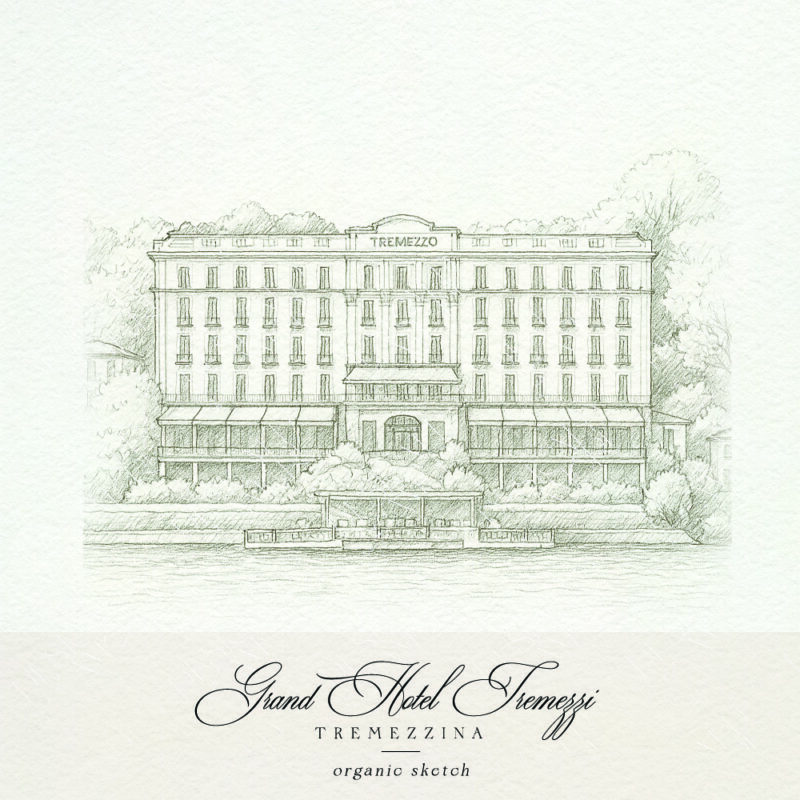 Grand Hotel Tremezzo sketch illustration for Lake Como wedding stationery