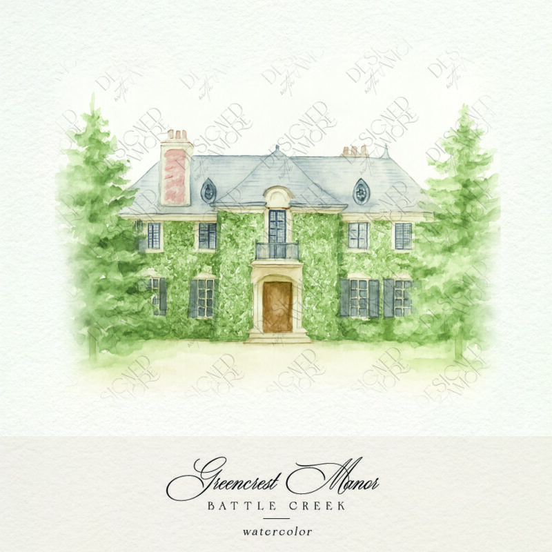 Greencrest Manor watercolor illustration for Michigan wedding invitations and printed stationery