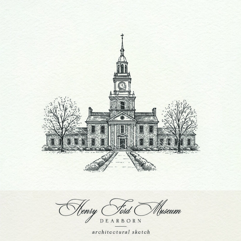 Henry Ford Museum architectural sketch for Dearborn wedding invitations and custom printed stationery