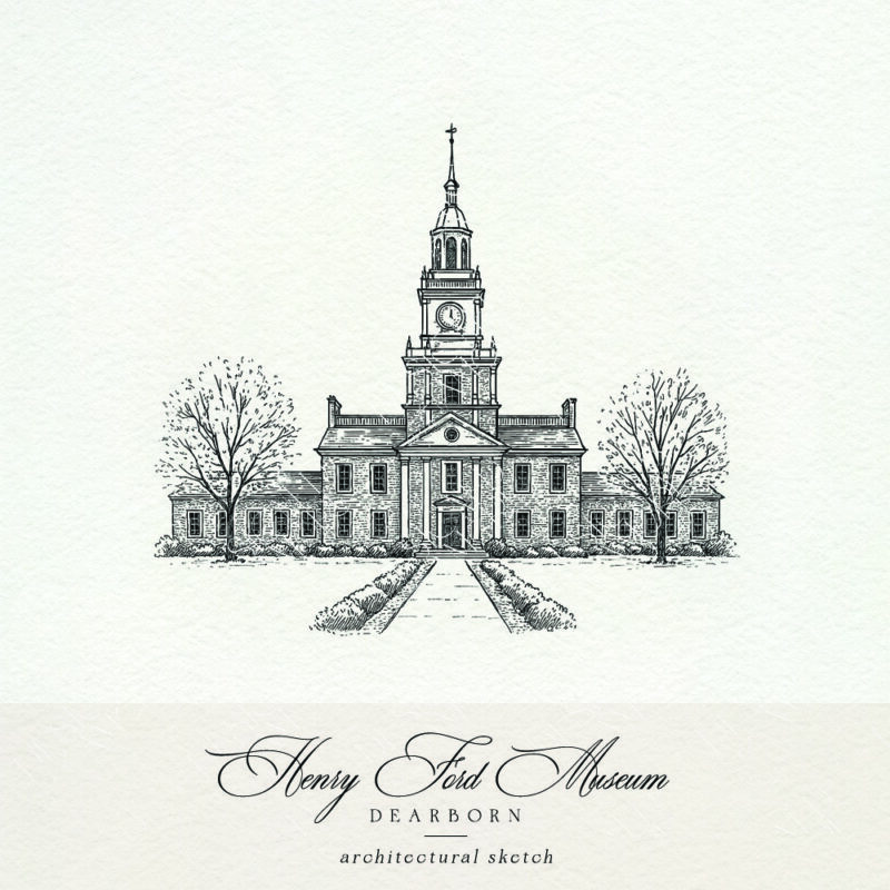 Henry Ford Museum architectural sketch for Dearborn wedding invitations and custom printed stationery