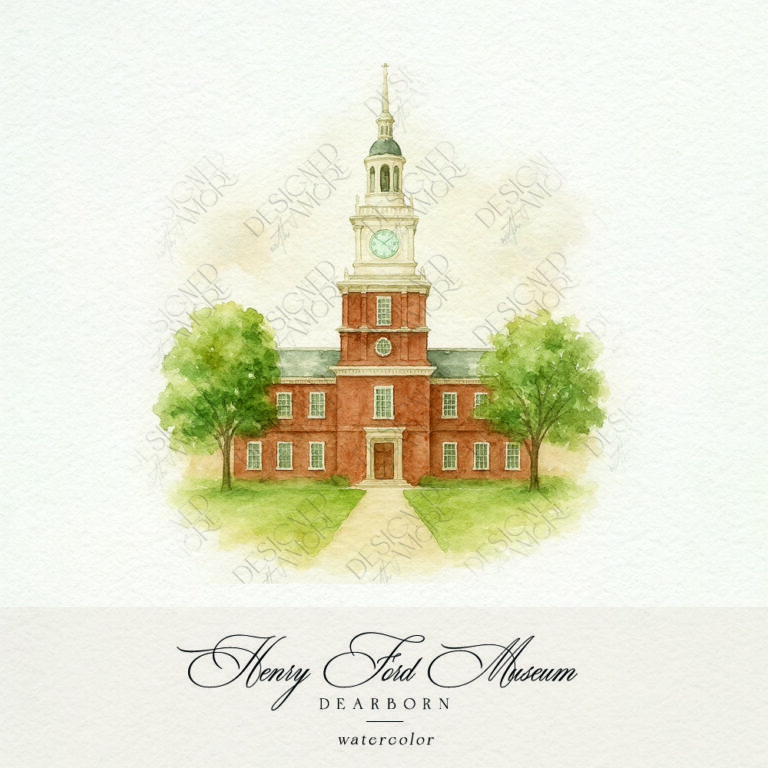 Henry Ford Museum watercolor illustration for Dearborn wedding invitations