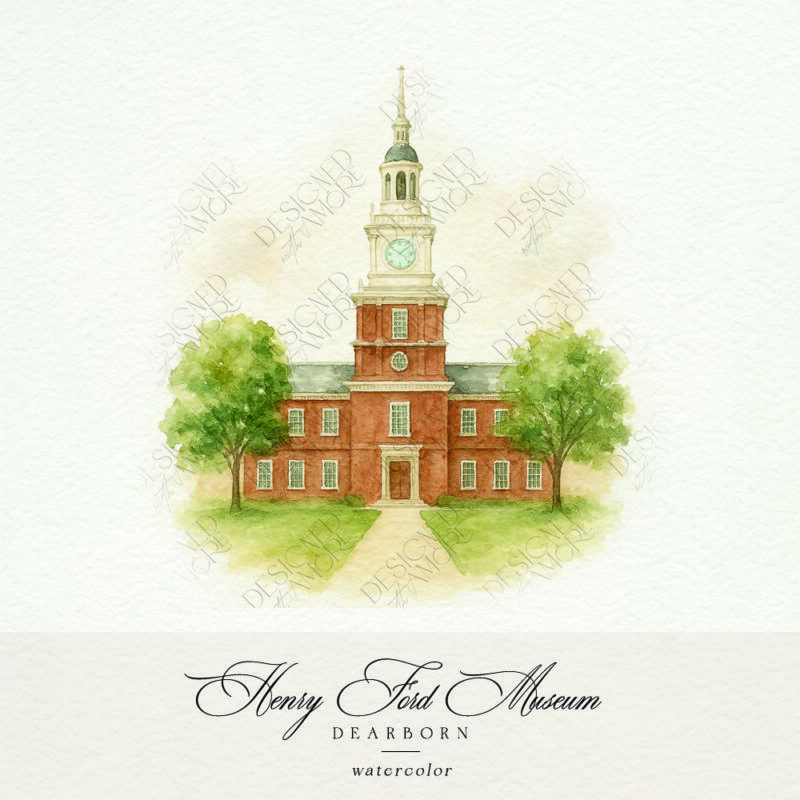 Henry Ford Museum watercolor illustration for Dearborn wedding invitations