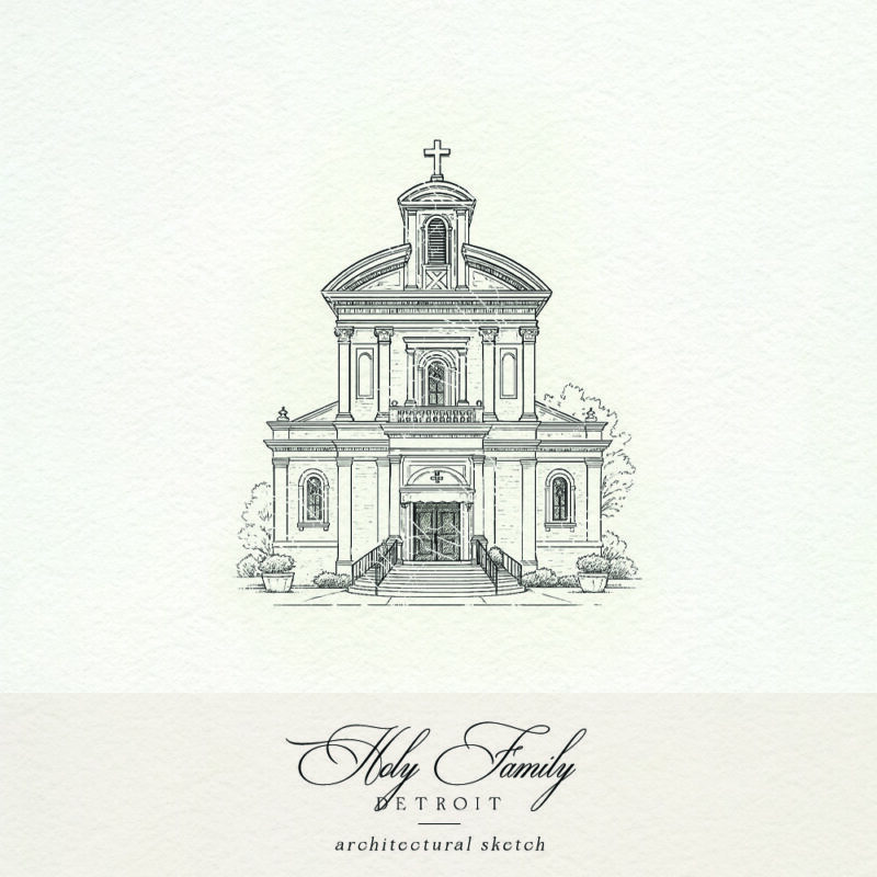 Holy Family Church Detroit wedding venue architectural sketch illustration