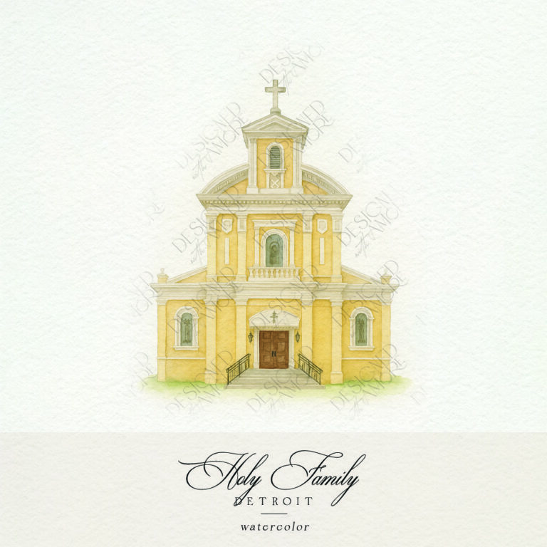 Holy Family Church watercolor wedding venue painting Detroit illustration