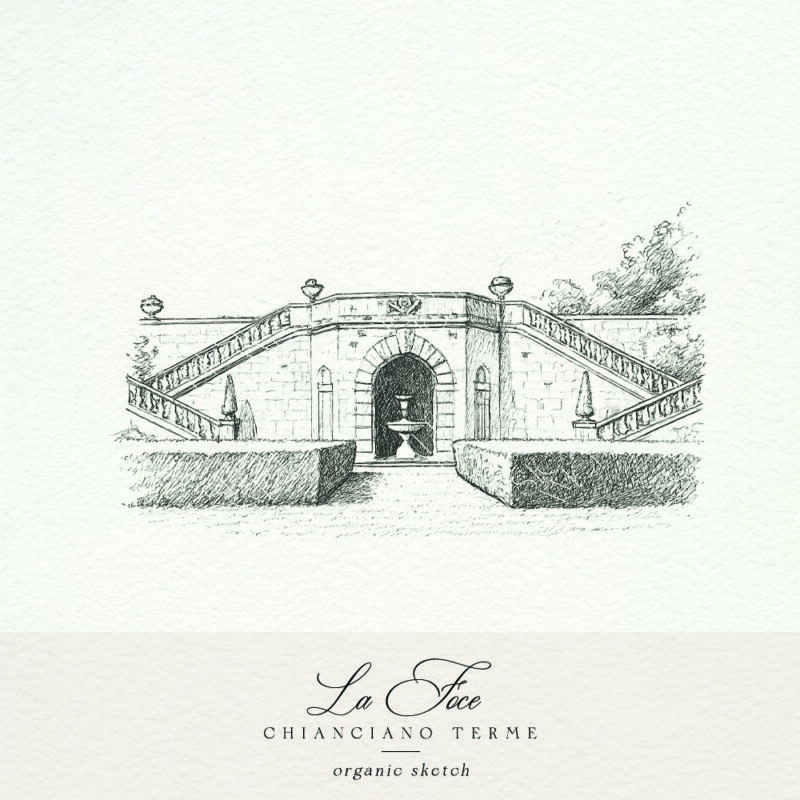 La Foce Tuscany wedding venue sketch with fountain and staircase illustration