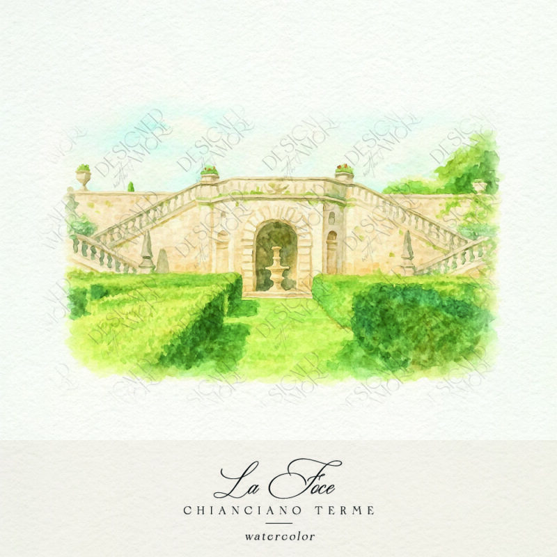Watercolor of La Foce wedding venue in Tuscany for wedding stationery