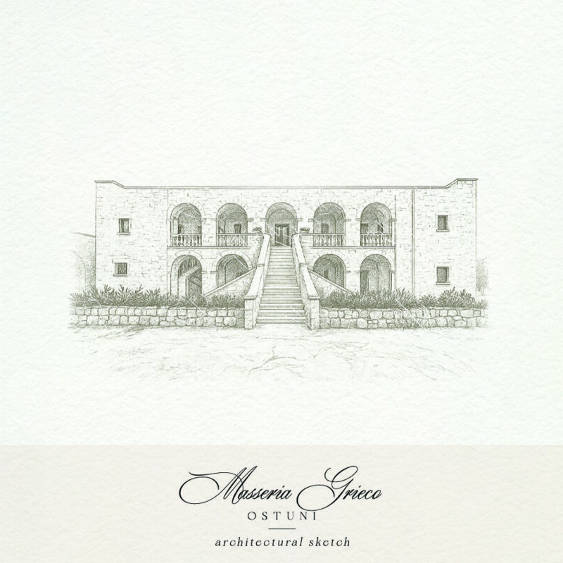 Masseria Grieco wedding sketch with staircase and arches in Ostuni