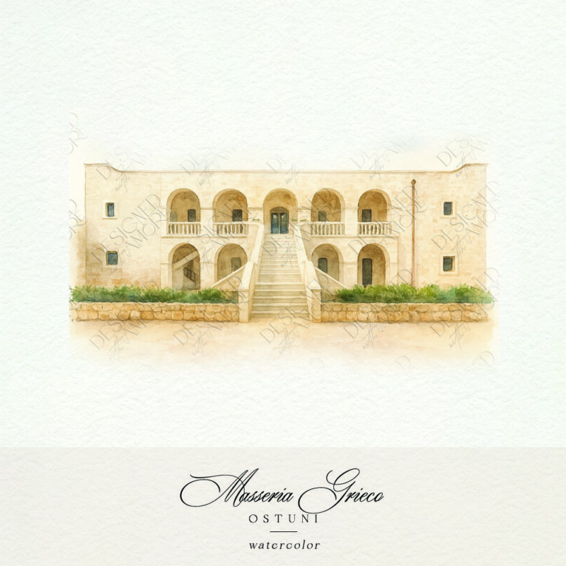 Watercolor painting of Masseria Grieco wedding venue in Ostuni with arches and stairs