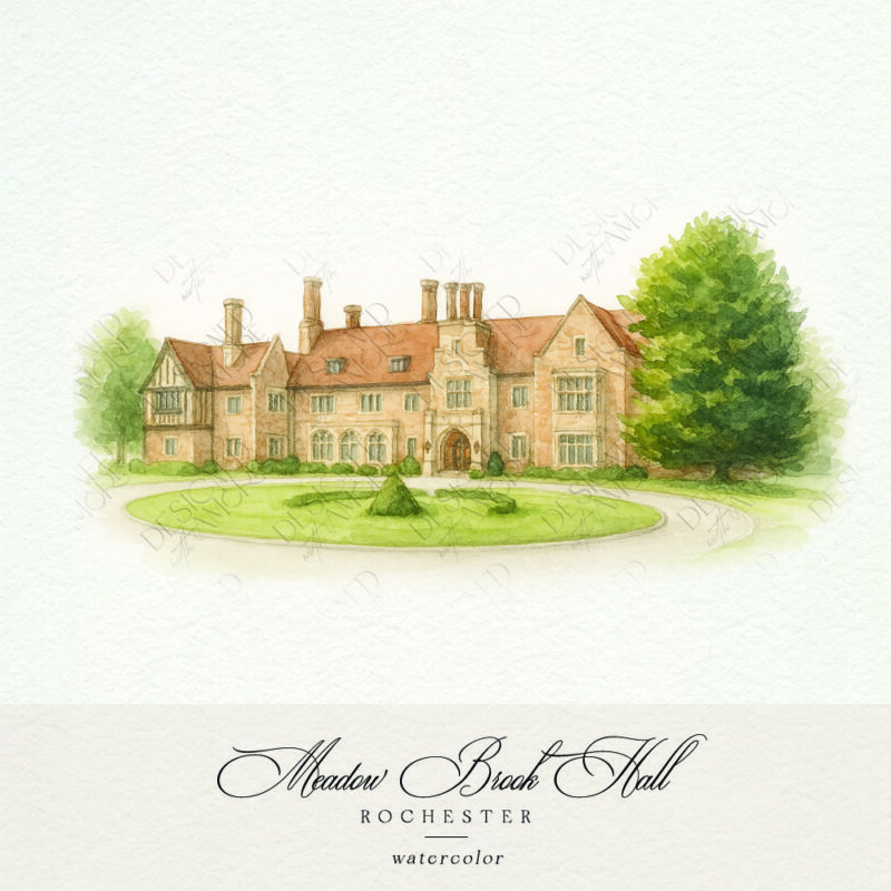 Watercolor illustration of Meadow Brook Hall in Rochester, Michigan for wedding stationery
