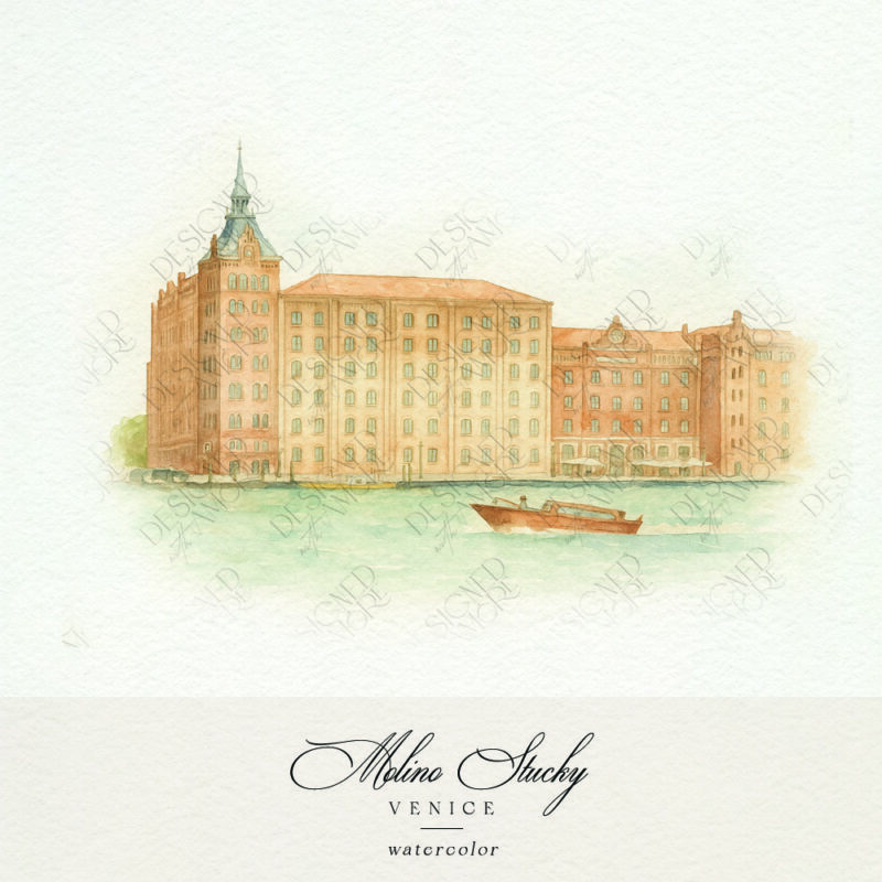 Watercolor illustration of Molino Stucky in Venice for wedding stationery design