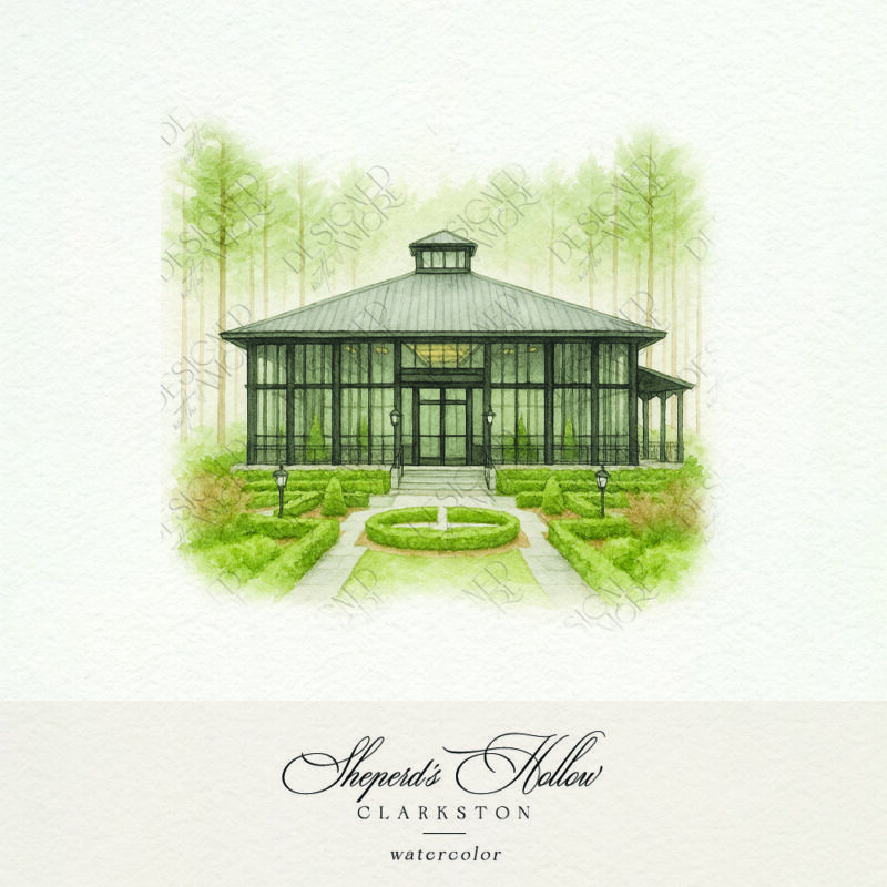Watercolor of Shepherd’s Hollow wedding venue with glasshouse and garden walkway
