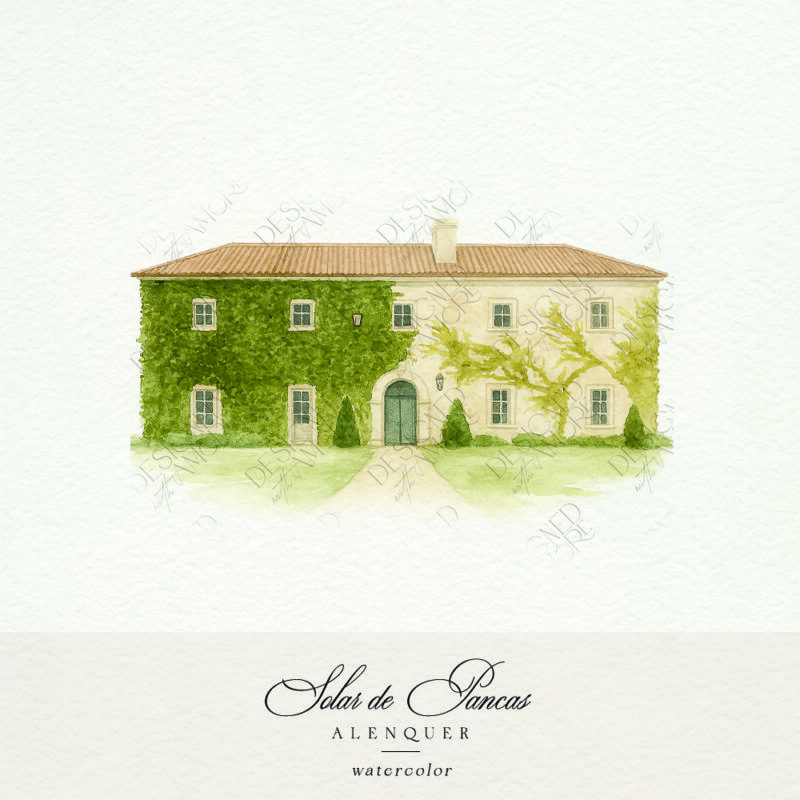 Watercolor of Solar de Pancas wedding venue in Portugal with ivy-covered walls and terracotta roof