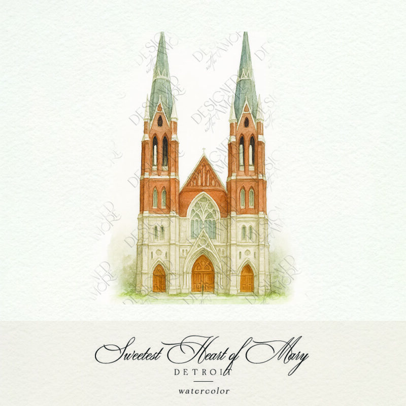 Watercolor of Sweetest Heart of Mary Catholic Church in Detroit for wedding stationery