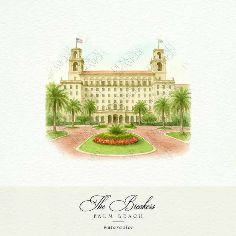 Watercolor illustration of The Breakers wedding venue in Palm Beach, Florida with palm trees and grand entrance