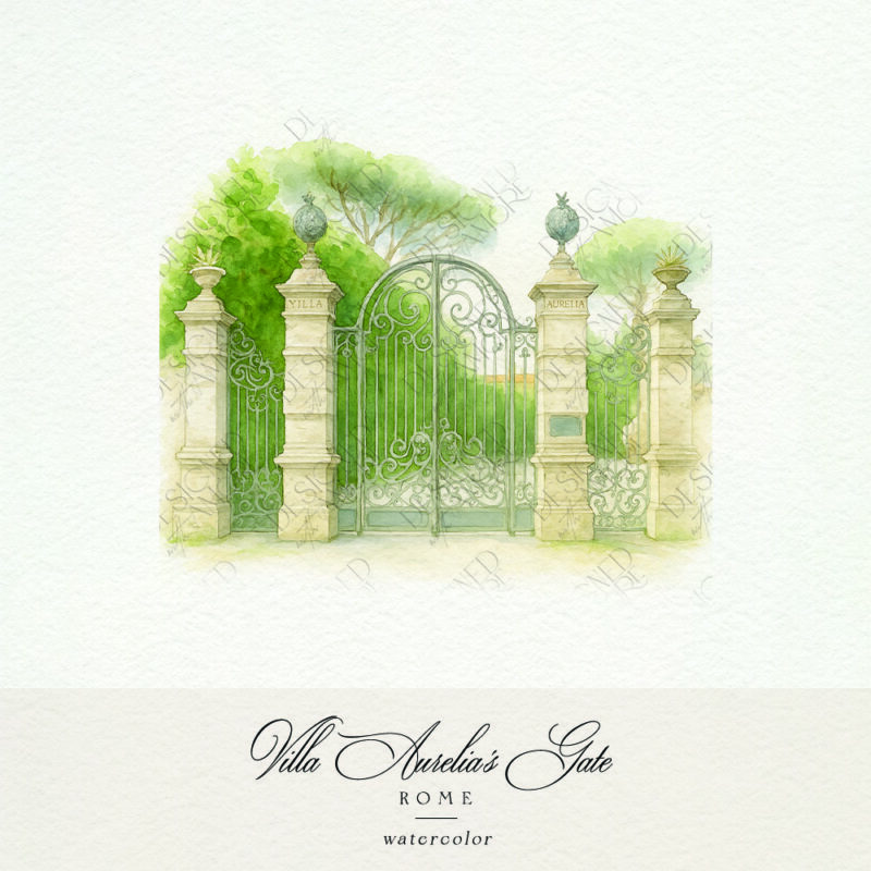 Villa Aurelia’s Gate watercolor with stone columns and iron gate in Rome