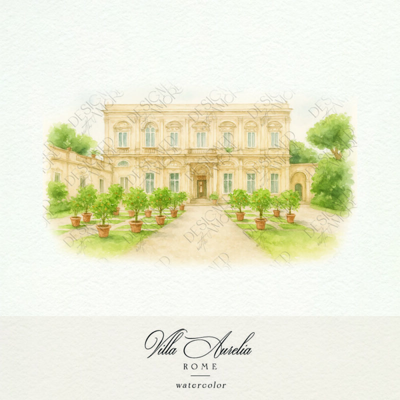 Villa Aurelia watercolor illustration with front garden and citrus trees in Rome
