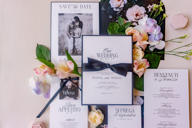 Editorial black and white wedding invitation card with bold border and modern serif font, part of Grand Hotel Tremezzo suite